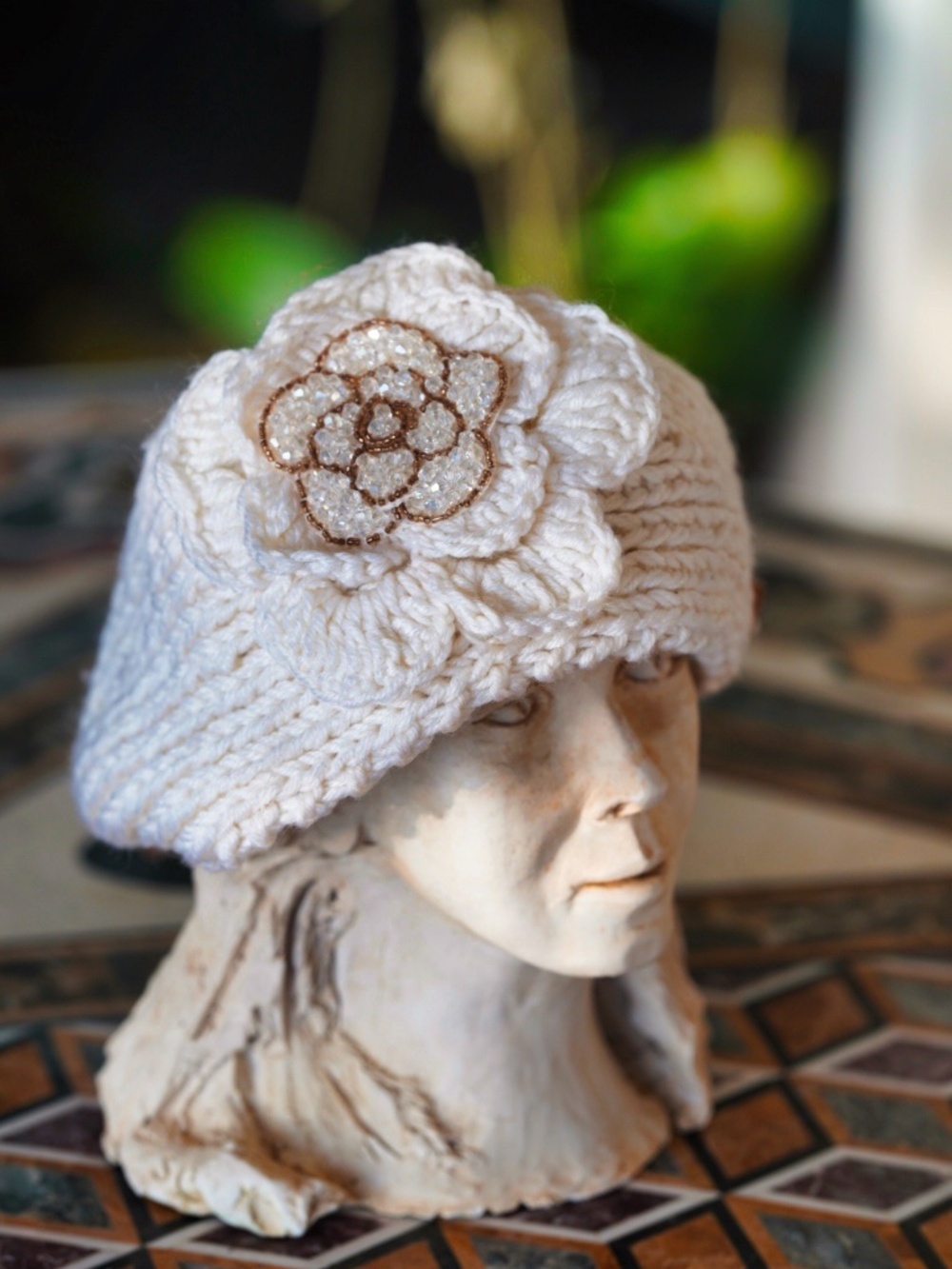 Cream Knit Cloche Hat | Crochet Flower Beanie with Beaded Rosette